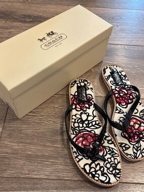 Coach Women's Black & Red Floral Flip Flop Sandals
